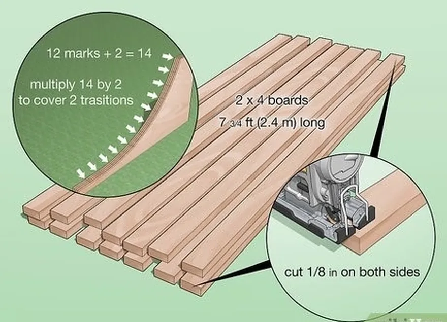 adım 2 geçişteki her işaret için tahtaları 7 3⁄4 ft (2,4 m) uzunluğunda kesin.