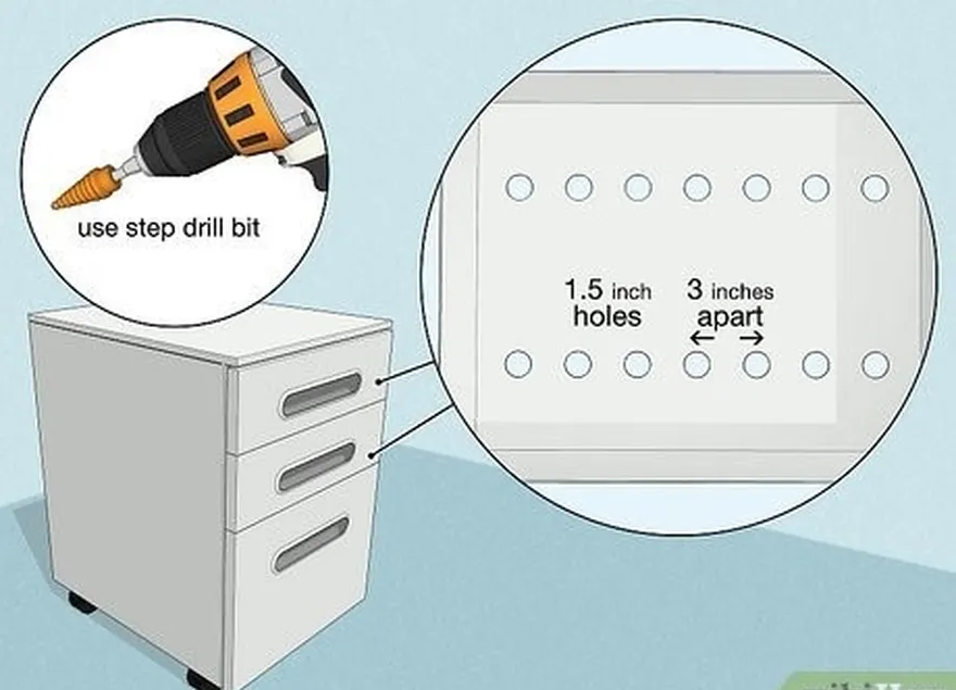 adım 1 bir dosya dolabının çekmecelerine 1,5 inç (3,8 cm) delikler açın.