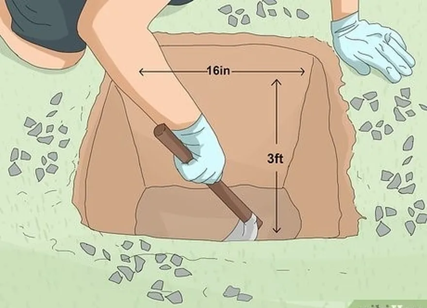 adım 3 3 ft (0,91 m) derinliğinde ve 16 inç (41 cm) genişliğinde çukurlar kazın.