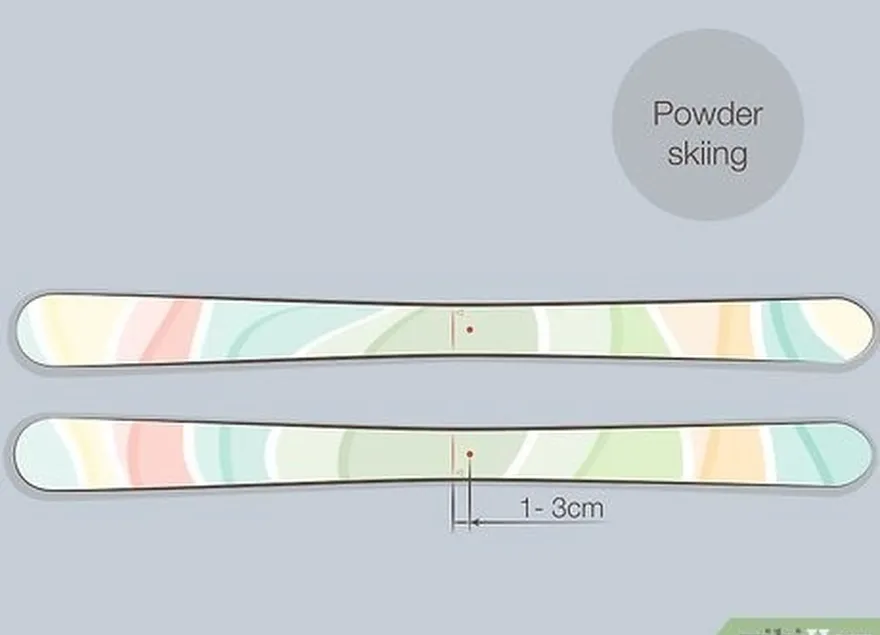 adım 3 toz kayağı için bağlamaları merkez çizgisinden 1-3 cm (0,39-1,18 inç) geriye koyun.